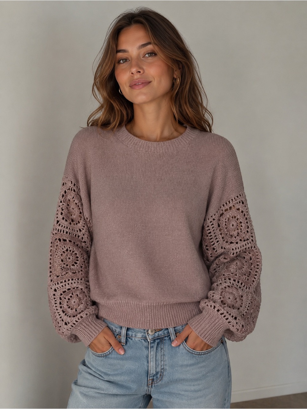 Dreamers by Debut Dusty Mauve Crochet Balloon Sleeve Knit Sweater Small